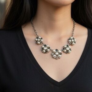 Eye-Catching Floral Statement Necklace • Faux Pearl & Crystal